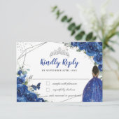 Royal Blue Floral Brown Princess Quinceañera XV 16 RSVP Kaartje (Staand voorkant)