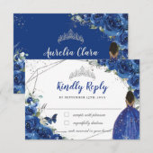Royal Blue Floral Brown Princess Quinceañera XV 16 RSVP Kaartje (Voorkant / Achterkant)