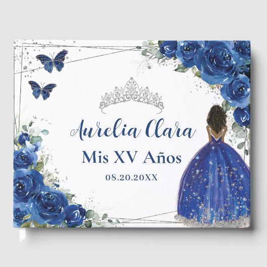 Royal Blue Floral Brown Princess QUINCEAÑERA XV Gastenboek (Voorkant)