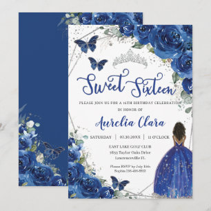Royal Blue Floral Brown Princess Sweet 16 Verjaard Kaart