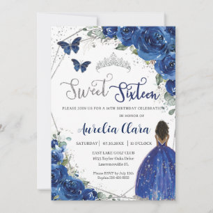 Royal Blue Floral Brown Princess Sweet 16 Verjaard Kaart