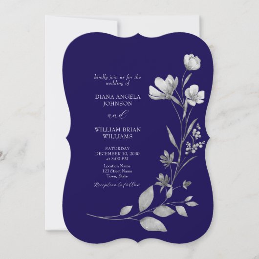Royal Blue Floral bruiloft uitnodiging (Voorkant)
