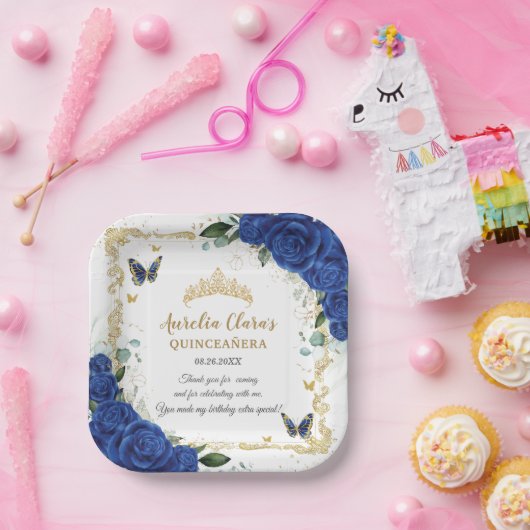 Royal Blue Floral Butterflies Gold Quinceañera 16 Papieren Bordje (Feest)