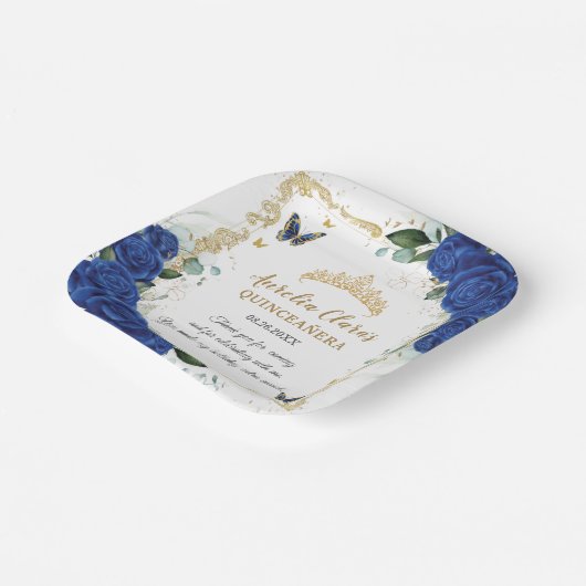 Royal Blue Floral Butterflies Gold Quinceañera 16 Papieren Bordje (Gebogen)