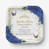 Royal Blue Floral Butterflies Gold Quinceañera 16 Papieren Bordje (Voorkant)