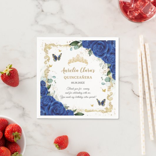 Royal Blue Floral Butterflies Gold Quinceañera 16 Servet (Insitu)