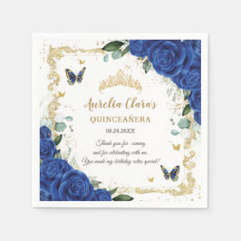 Royal Blue Floral Butterflies Gold Quinceañera 16 Servet