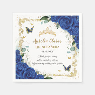 Royal Blue Floral Butterflies Gold Quinceañera 16 Servet