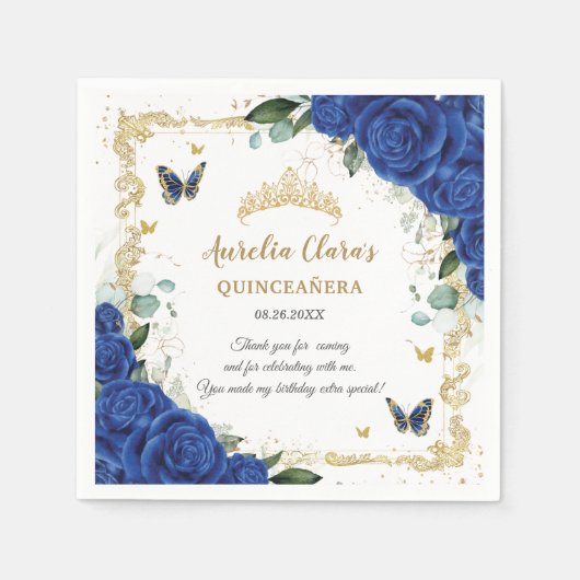 Royal Blue Floral Butterflies Gold Quinceañera 16 Servet (Voorkant)