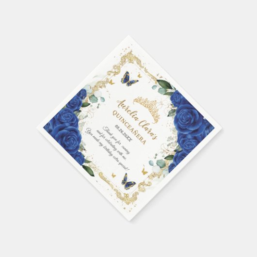 Royal Blue Floral Butterflies Gold Quinceañera 16 Servet (Hoek)