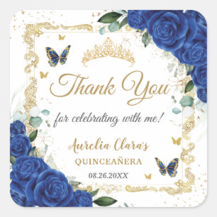 Royal Blue Floral Butterflies Gold Quinceañera 16 Vierkante Sticker