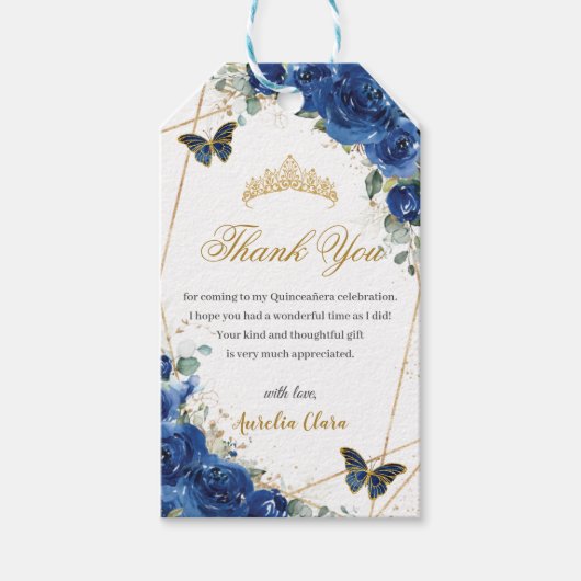 Royal Blue Floral Butterflies Quinceañera Birthday Cadeaulabel (Voorkant)