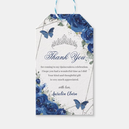 Royal Blue Floral Butterflies Quinceañera Birthday Cadeaulabel (Voorkant)