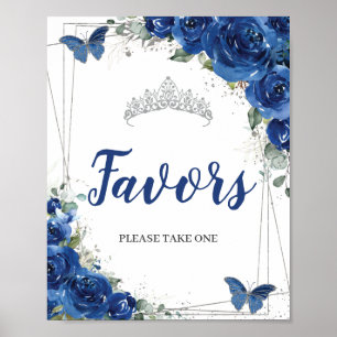 Royal Blue Floral Butterflies Quinceañera Favors Poster