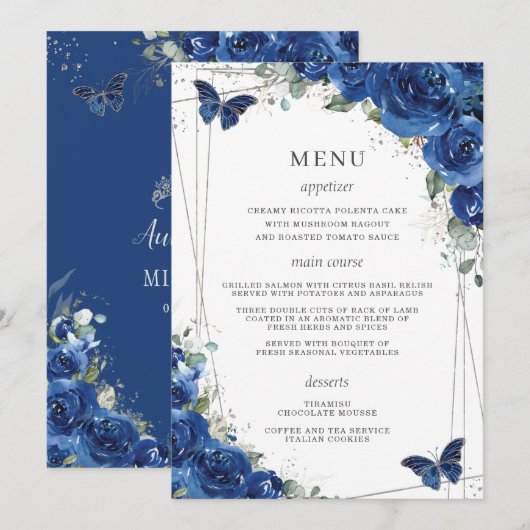Royal Blue Floral Butterflies Quinceanera Menu (Voorkant / Achterkant)