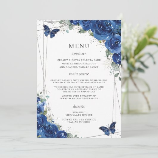 Royal Blue Floral Butterflies Quinceanera Menu (Staand voorkant)
