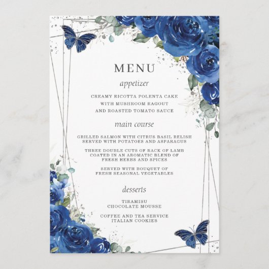 Royal Blue Floral Butterflies Quinceanera Menu (Voorkant)
