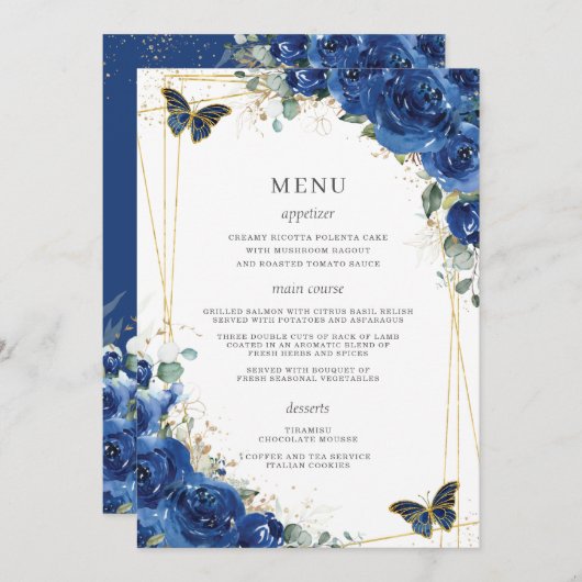 Royal Blue Floral Butterflies Quinceanera Menu (Voorkant / Achterkant)