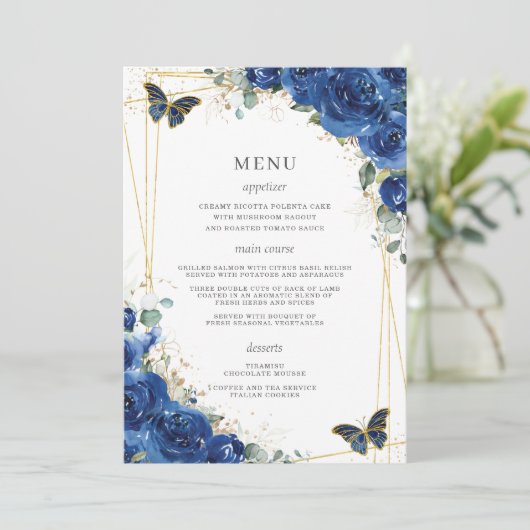 Royal Blue Floral Butterflies Quinceanera Menu (Staand voorkant)