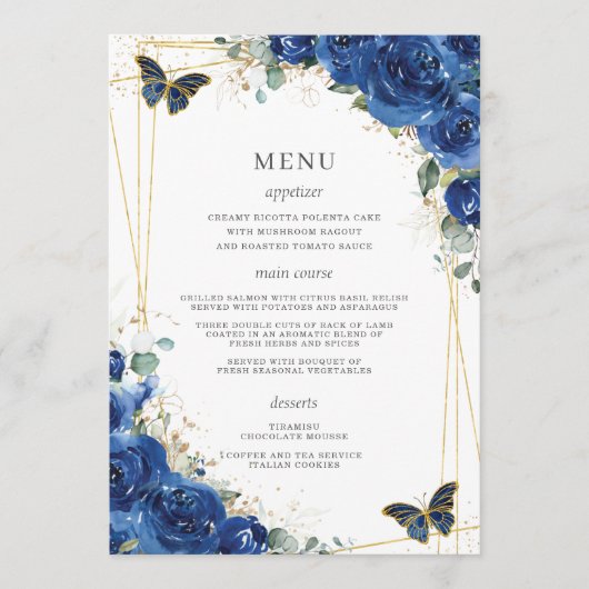 Royal Blue Floral Butterflies Quinceanera Menu (Voorkant)