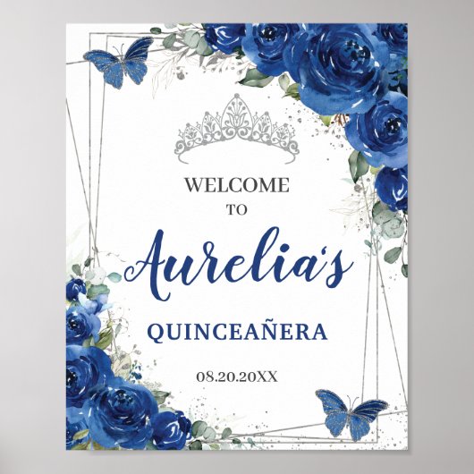 Royal Blue Floral Butterflies Quinceañera Welkom Poster (Voorkant)