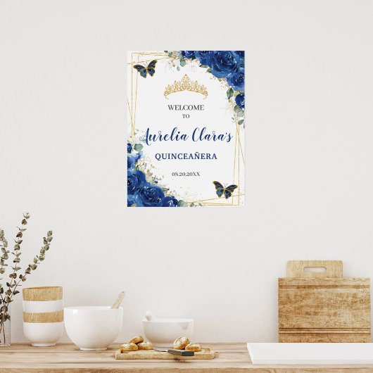 Royal Blue Floral Butterflies Quinceanera Welkom Poster (Keuken)