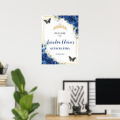 Royal Blue Floral Butterflies Quinceanera Welkom Poster (Thuiskantoor)