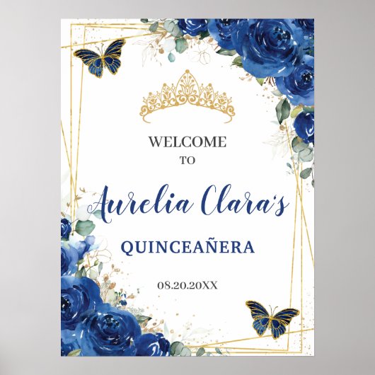 Royal Blue Floral Butterflies Quinceanera Welkom Poster (Voorkant)