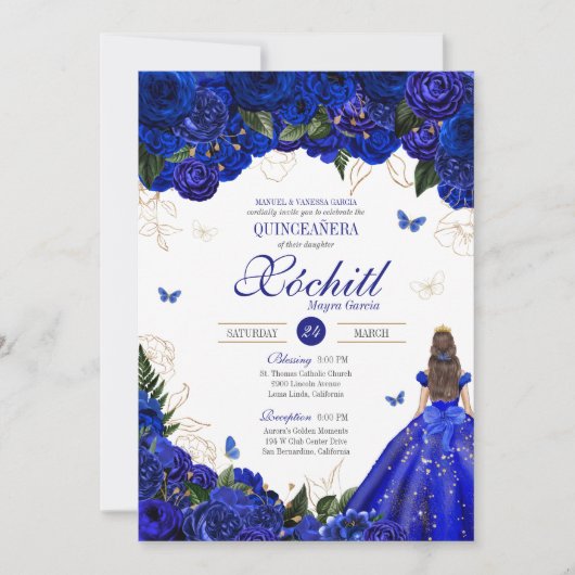 Royal Blue Floral Butterfly Elegant Quinceañera Kaart (Voorkant)