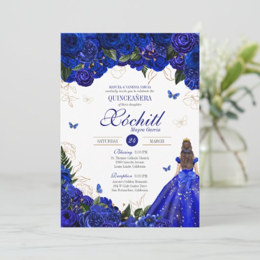 Royal Blue Floral Butterfly Elegant Quinceañera Kaart (Staand voorkant)