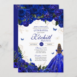 Royal Blue Floral Butterfly Elegant Quinceañera Kaart