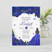 Royal Blue Floral Butterfly Elegant Quinceañera Kaart (Staand voorkant)