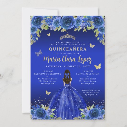 Royal Blue Floral Butterfly Princess Quinceanera Kaart (Voorkant)