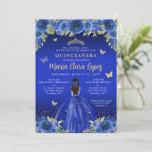 Royal Blue Floral Butterfly Princess Quinceanera Kaart (Staand voorkant)
