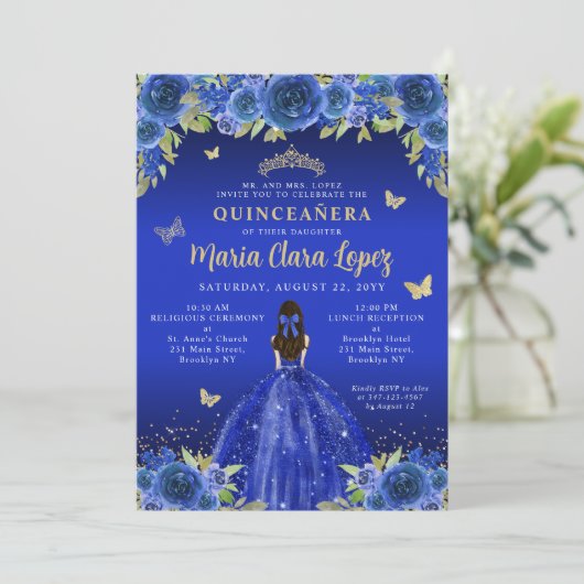 Royal Blue Floral Butterfly Princess Quinceanera Kaart (Staand voorkant)