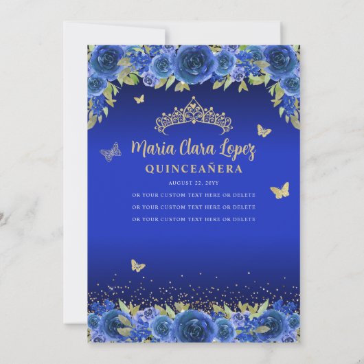Royal Blue Floral Butterfly Princess Quinceanera Kaart (Achterkant)