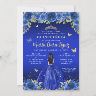 Royal Blue Floral Butterfly Princess Quinceanera Kaart