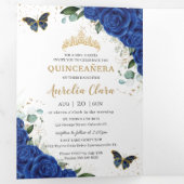 Royal Blue Floral Butterfly Quinceañera 15 foto's Drieluik Uitnodiging (Binnenzijde eerst)