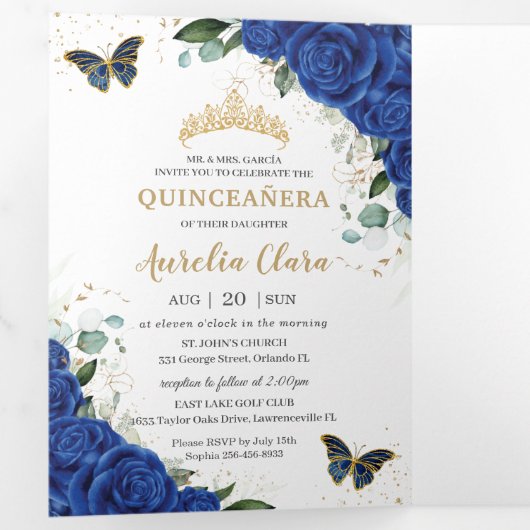 Royal Blue Floral Butterfly Quinceañera 15 foto's Drieluik Uitnodiging (Binnenzijde eerst)