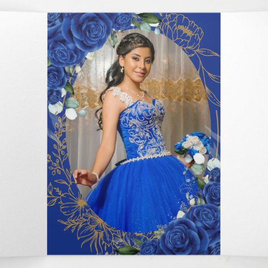 Royal Blue Floral Butterfly Quinceañera 15 foto's Drieluik Uitnodiging (Binnenkant midden)
