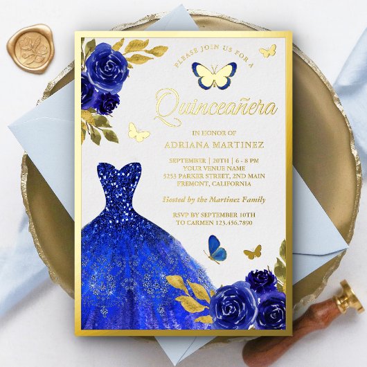 Royal Blue Floral Butterfly Quinceanera Gold Folie Uitnodiging