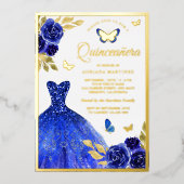 Royal Blue Floral Butterfly Quinceanera Gold Folie Uitnodiging (Voorkant)