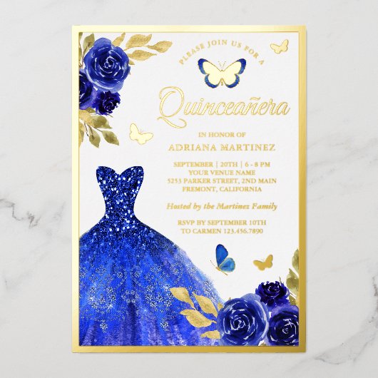 Royal Blue Floral Butterfly Quinceanera Gold Folie Uitnodiging (Voorkant)