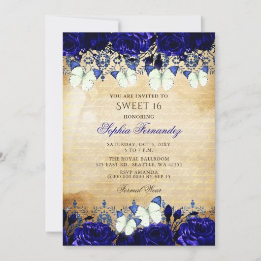  Royal Blue Floral Butterfly Sweet 16 Kaart (Voorkant)