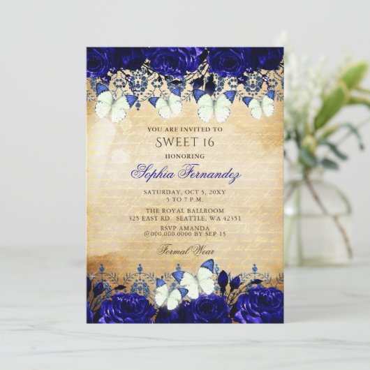  Royal Blue Floral Butterfly Sweet 16 Kaart (Staand voorkant)