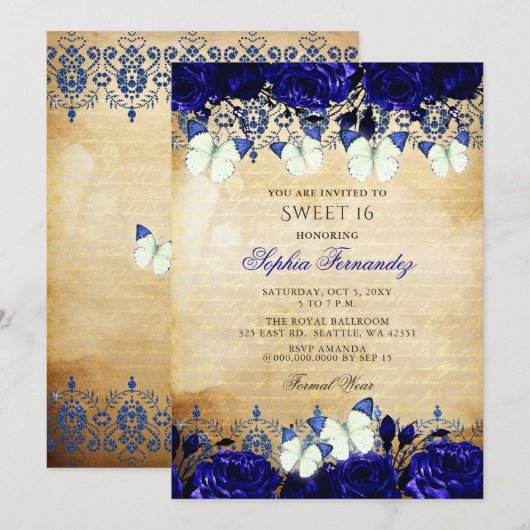 Royal Blue Floral Butterfly Sweet 16 Kaart (Voorkant / Achterkant)