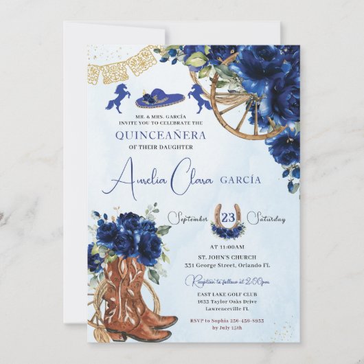 Royal Blue Floral Charro Cowgirl Quinceanera XV 15 Kaart (Voorkant)