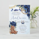 Royal Blue Floral Charro Cowgirl Quinceanera XV 15 Kaart (Staand voorkant)