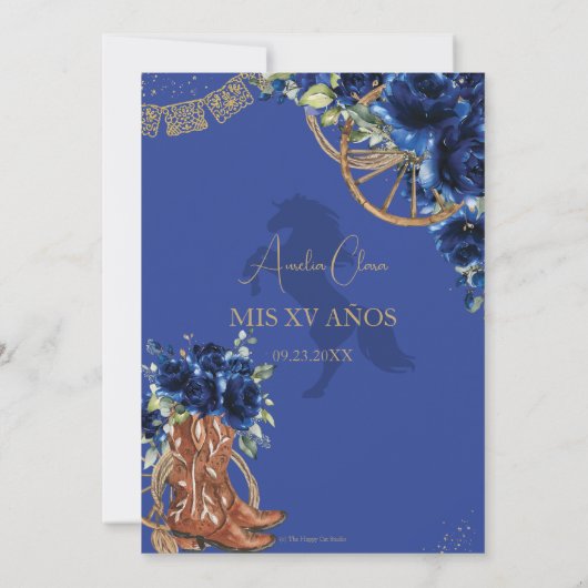 Royal Blue Floral Charro Cowgirl Quinceanera XV 15 Kaart (Achterkant)