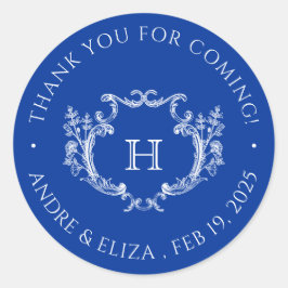 Royal Blue Floral Crest Monogram Bruiloft Sticker